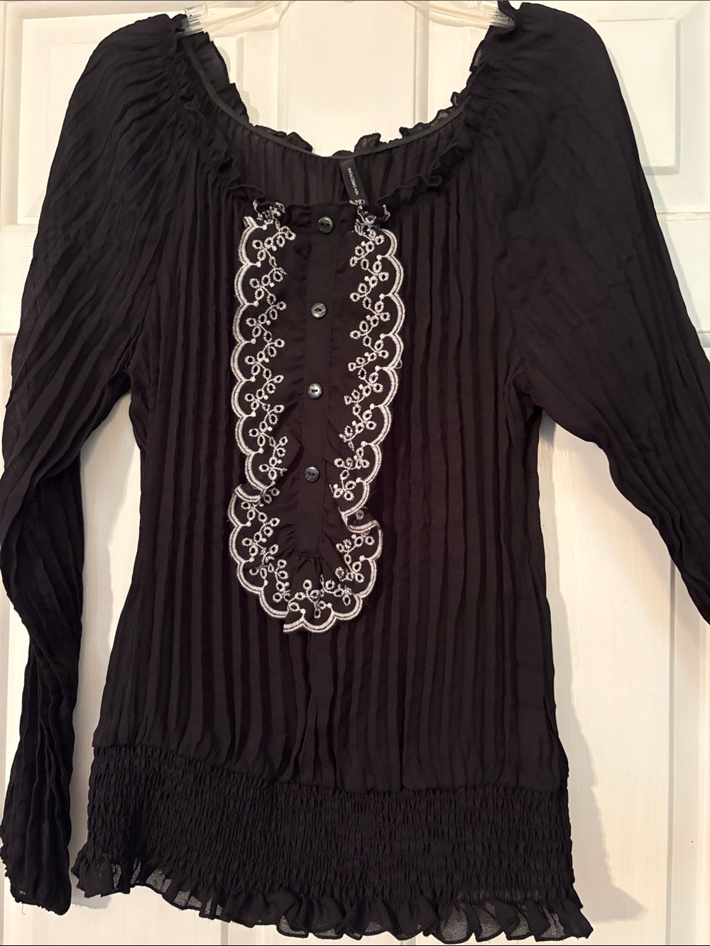 new directions Black Long-Sleeve Peasant Blouse with White Embroidered Bib.Sheer